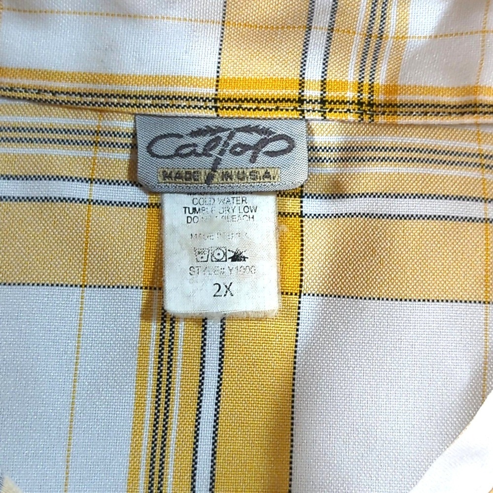 VTG CalTop Plaid Button Up Shirt Mens 2X Yellow White Short Sleeve Made in USA - Picture 3 of 7